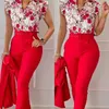 Womens Designer Clothing Tracksuit Workplace 2-piece Outfits 2023 New Fashion Printed Ruffle Sleeve Top Solid Pants Set With Belt