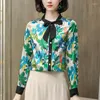 Blouses voor dames echte zijden satijnen damesoverhemden en elegante boog lange mouw mode blouse print tops kantoor dame shirt vrouw kleding