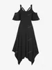 Plus size jurken roselgrootte Gotische zwarte PU lederen band ringen koude schouderjurk zomer asymmetrische anklellengte vestidos 230506