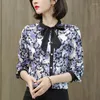 Blouses voor dames echte zijden satijnen damesoverhemden en elegante boog lange mouw mode blouse print tops kantoor dame shirt vrouw kleding