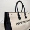 デザイナーショルダーバッグ Rive Gauche ホワイトリネンとブラックレザートートバッグ 1 ジッパー内ポケット大容量ショッピングバッグレディースカジュアルハンドバッグ