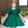 Girl's Dresses Girls Satin Face Tulle Puff Sleeve Dresses Children Vestido Vintage Dark Green Wedding Birthday Party Princess Dress Kid Clothes 230508