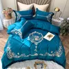 寝具セット中国スタイルの古代の韻の刺繍100年代エジプトの綿青い羽毛布団カバーベッドシートリネン枕カバーセット