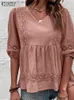 Chemisiers pour femmes chemises élégantes été col en V demi manches Blouse ZANZEA mode dentelle Crochet hauts femmes solides vacances Blusas femme OL chemise de travail 2023 T230508