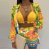 Maillots de bain pour femmes Summer beach 3pcs Set femmes Cardigan blouse Tops + Shorts set Lady casual Lanter manches Pantalons courts lâches Costumes ensembles d'impression de feuilles Y23