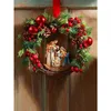 Decoratieve bloemen Kerstmis Nativity Holy Family Krans met kunstmatige bessen Greenery Bow Jesus Christus Hanging Garland Kerstmis voordeur