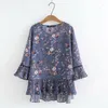 Kvinnors polos 2023 Summer Floral Print Chiffon Blue Lady Flare Sleeve All-Match Loose Casual Pullover Tops Shirt Women's Clothing