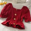 Damesblouses heydress ulzzang stretch slanke elegante femme shirts blouse dames pleit ontwerp mooie puff mouw vintage dames kleding gewas