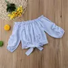 T Shirt Pudcoco Doğdu Yürümeye başlayan bebek çocuk mavi beyaz çizgili uzun kollu fırfırlar kapalı omuz tişört bluz üst kıyafetler 3 11t 230508