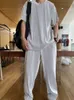 Herrspårar Summer Tracksuit Set Män outfit Solid Ice Silk Draped Short Sleeve Tops Long Pant Loose Tracksuit Casual Suits Ropa Hombre 230508