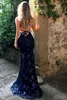 Sexy Abendkleider Mermaid Formal Prom Party Kleid V-Ausschnitt Spaghetti Bodenlang Sweep Zug Applikationen Pailletten Spitze lang Rückenfrei Custom