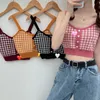 Camisoles Tanks Girl Crop Top Women Plaid knappar Spaghetti Camis Club Sexig Slim Knitting Female Tank Tops Ladies Sleeveless Solid Simple 230508