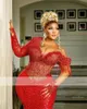 Red Crystal Mermaid Abendkleid 2023 Sheer Neck Long Sleeves Plus Size African Prom Party Kleider 322