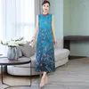 Abiti casual 2023 Abito da donna con stampa floreale taglie forti Abito estivo femminile vintage senza maniche Imita abiti lunghi maxi in vera seta