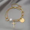 Chain MEYRROYU Stainless Steel Layered Golden Pendant Bracelet For Women Retro Punk Gothic Portrait Coin Cross Pearl Jewelry 230508