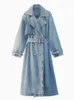 Women's Jackets RR2418 X-Long Denim Trench Coats For Women Belt On Waist Slim Jean Coats Ladies Jaqueta Feminina Blue Jean Jacket Woman 230508