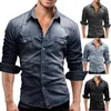 Men's Casual Shirts 2023 Men Denim Jeans Shirt Autumn Long Sleeved Pocket Daily Slim Retro Men's Plus Size Blue Tops