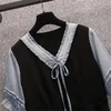 Женские блузки Женщины Fahsion Chefon Летние рубашки Сторонние v-образные дамы сплайсинга с коротким рукавом черные топы Blusas MM1037
