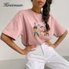 Koszulka damska Hirsionsan Summer Kawaii ręcznie malowana drukowana koszulka Kobieta luźne harajuku bawełniane ubrania Kobieta w rozmiarze Pullover Top 230508