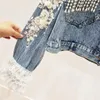 Femmes Vestes Femmes Automne Denim Veste High Street À Manches Longues Patchwork Dentelle Perles Perles Gland De Luxe Survêtement Femme Casual Manteau