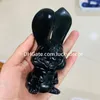 Black Obsidian Quartz Crystal Rabbit Sculpture Art Hand snidad långörat vulkaniskt glas Easter Bunny Staty Animal Ornament Realistic Stone Sitting Hare figurine