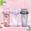 Ny 420 ml Cat Ear Water Bottle For Girls With Paljetter BPA GRATIS dubbelvägg tumlare med sugrör återanvändbar smoothie cup drinkware
