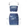 Work Dresses Spring Style Imitation Denim Print Chest Wrap Open Back Sleeveless Hip Skirt Sexy Street Two-Piece Suit