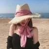 Chapeaux à large bord 2023 été Lafite casquette de soleil dames ruban noir tissé à la main chapeau de paille visière grand côté extérieur plage Chapeu Feminino
