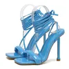 Sandały Liyke Summer Kotki Związane z Blue Green Women's Stiletto High Heels Sandals Sandals Fashion Square Tope Stopi