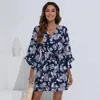 Casual Dresses 2023 Summer Women Ruffles Dress V Neck Three Quarter Sleeve Plus Size Print Boho Mini Beach Ladies Party Vestidos