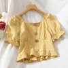 Damesblouses heydress ulzzang stretch slanke elegante femme shirts blouse dames pleit ontwerp mooie puff mouw vintage dames kleding gewas