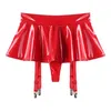 Skirts Sexy Women Wetlook PVC Leather Ruffled Party Low Waist Builtin Thongs Mini Skirt with Garter Belts Metal Clips Set Club 230508