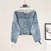 Femmes Vestes Femmes Automne Denim Veste High Street À Manches Longues Patchwork Dentelle Perles Perles Gland De Luxe Survêtement Femme Casual Manteau