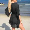 Women's Swimwear Women Bikini Cover-Ups Solid Color Chiffon Kaftan Casual Loose Kimono Lady Summer Beach Smock Beachwear Tie Belt Dress 2023