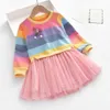 소녀의 드레스 여자 아기 공주 공주 가을 스웨터 플리렉 거즈 튜투 어린이 의류 긴 소매 무지개 줄무늬 230508