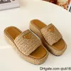 Slippers Designer Slippers Triangle Buckle Raffia Straw Espadrilles Women Thick bottom Sandals Slip On Mules Slides lady Platform Wedges Square Toe Flip Flops