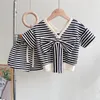 Setssuits Girl Deset Striped Fashion Outfits kledingset bowknot vneck shirt en shorts kinderen sets peuter meisje kleding 230508