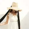 Breda brimhattar 2023 Summer Lafite Sun Cap Ladies Black Ribbon Hand-Woven Straw Hat Visor Big Side Outdoor Beach Chapeu Feminino