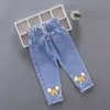 Jeans Kids Girl Floral Cartoon Long Pants Spring Autumn Graffiti Pintura impressa calças casuais com Hole Children Denim 230508