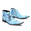 Ręcznie robione niebieskie kostki skórzane buty męskie punkowe luksusowe buty męskie koronkowe mody mody butów ślub