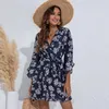 Casual Dresses 2023 Summer Women Ruffles Dress V Neck Three Quarter Sleeve Plus Size Print Boho Mini Beach Ladies Party Vestidos