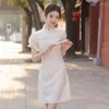 민족 의류 2023 여성 짧은 청남 여름 꽃 중국 스타일 레이스 드레스 빈티지 캐주얼 리본 개선 qipao blue beige s to xxl