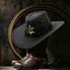 Chapéus de aba larga Bucket Ins unissex Mulheres homens imitação Suede Seis pontas do xerife estrelado Sol protetora solar Cap de cowgirl de cowgirl Western 230508