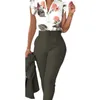 Womens Designer Clothing Tracksuit Workplace 2-piece Outfits 2023 New Fashion Printed Ruffle Sleeve Top Solid Pants Set With Belt