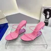 夏の新しい2023キャットウォークメタル歯ハイヒールスリッパの女性のオープンピースのくるめみのファッションヨーロッパとアメリカの女性の靴で形をした