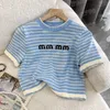 Striped Knitted T Shirts Tops For Women Jacquard Letter Short Sleeve Pullover Woman Summer Fashion Tees Clothes