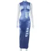 Casual jurken Moovook 2023 Dames Summer Fashion Denim Druk mouwloze ronde nek slanke schede lange jurk