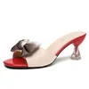 Sandal Fashion Summer Crystal Bow Tie Heel Open Toe Shoes Designer Square Slippers Slip on Ladies Beach Slides 230508