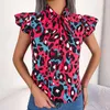 Camicette da donna Camicia in chiffon con lacci in legno con stampa leopardata casual da donna