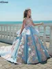 Light Sky Blue 3D Floral Lace Flower Girl Dresses Jewel Neck Tiered Princess Little Girl's Pageant Party Formal Ball Gowns Kids Toddler First Comminion Dress CL2246